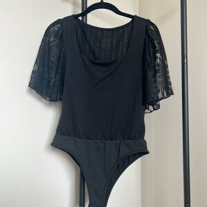 SHEIN Black Lace Flutter Sleeve Bodysuit